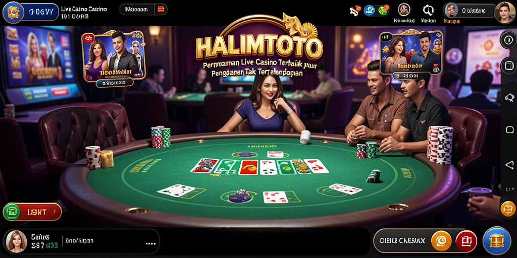 Tangkapan layar gameplay HALIMTOTO menampilkan dealer langsung dan meja permainan yang menarik.