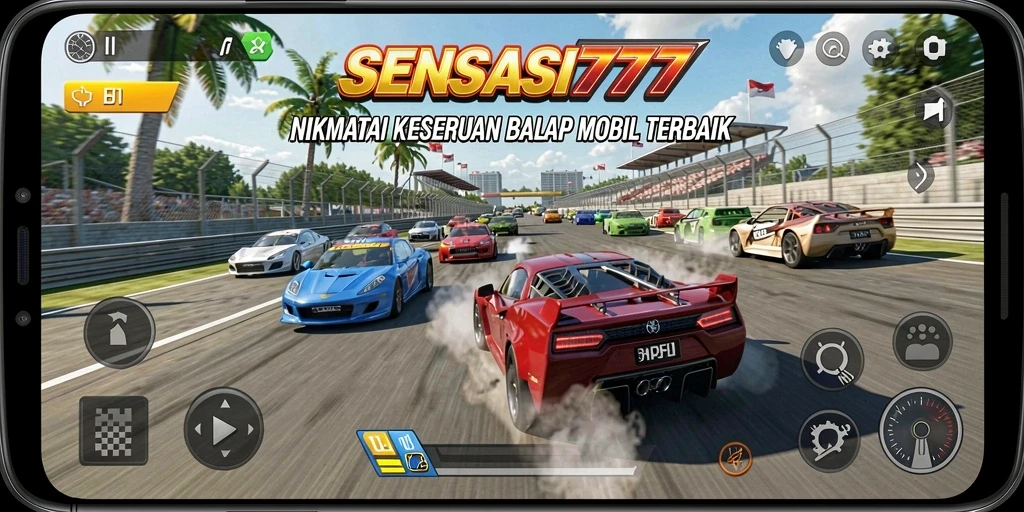 Screenshot gameplay balapan mobil SENSASI777 yang mendebarkan.