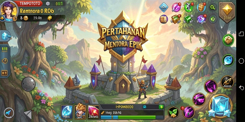 Screenshot gameplay TEMPOTOTO menampilkan serangan menara yang menarik.